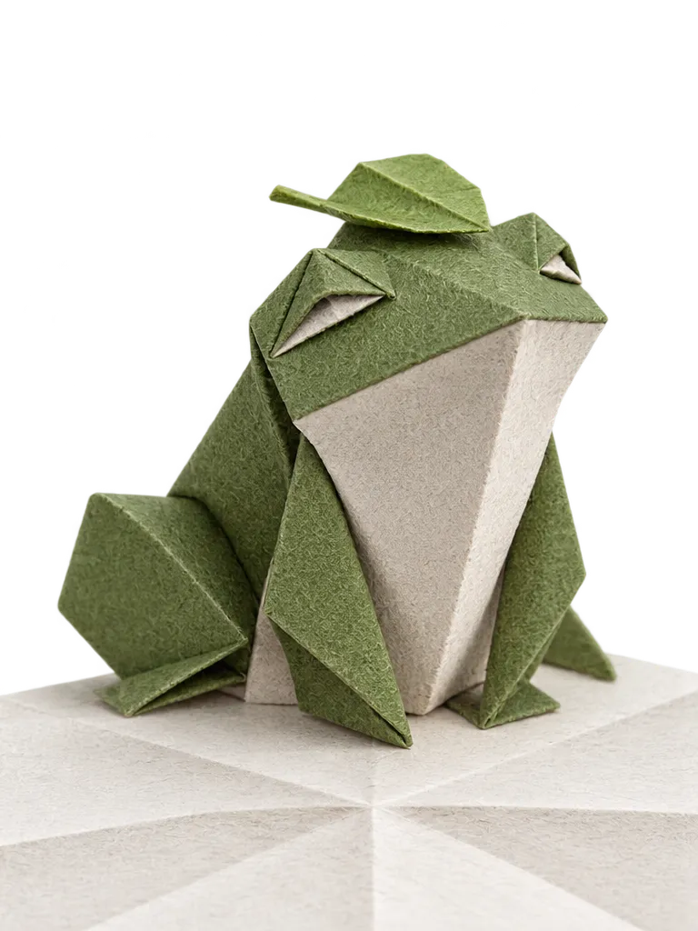 Basho, katak origami hijau lumut dengan daun kecil di kepala, duduk tegak di atas lembar kertas