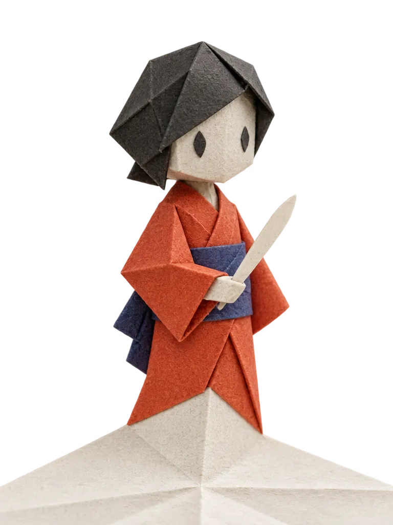 Kiri, figur origami vermilion bersabuk nila memegang tulang pelipat, tumbuh dari lembar kertas putih