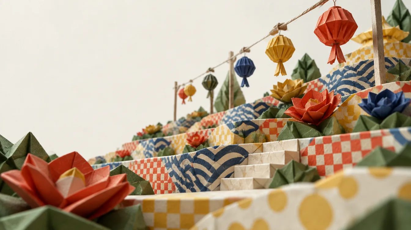 Patterncourt: taman bertingkat dari kertas bermotif vermilion, nila dan kuning, bunga lipat dan lentera kertas