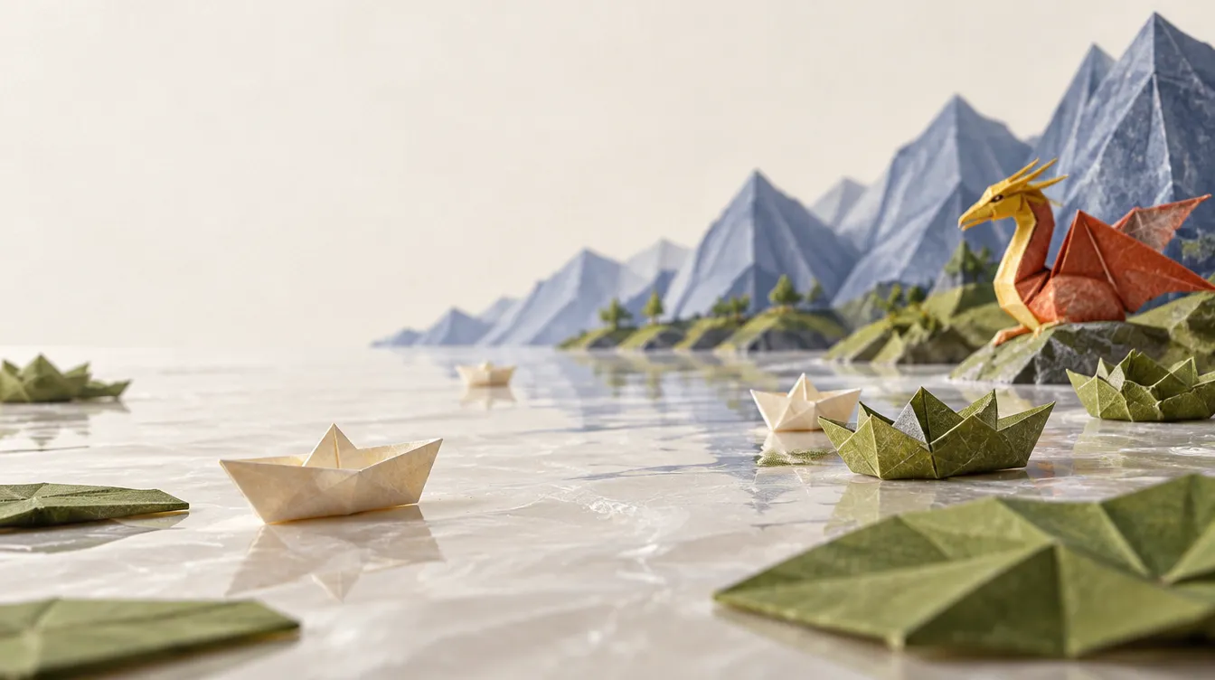 Waxmere: danau kertas lilin yang tenang, perahu kertas, daun teratai hijau dan gunung nila di kejauhan
