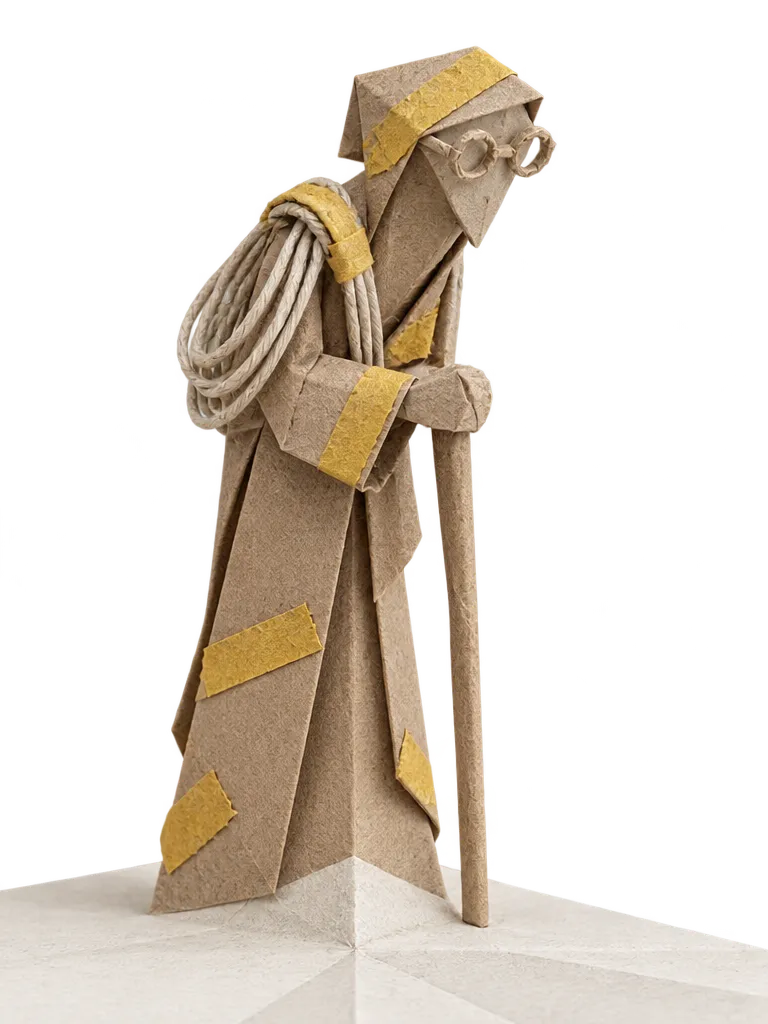 Mender, figur origami kertas kraft tua bertambalan selotip kuning, berkacamata, membawa gulungan benang kertas